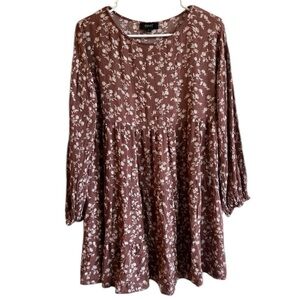 Oddy Women’s Babydoll Style Flowy Maroon/Brown & White Floral Top Size Small